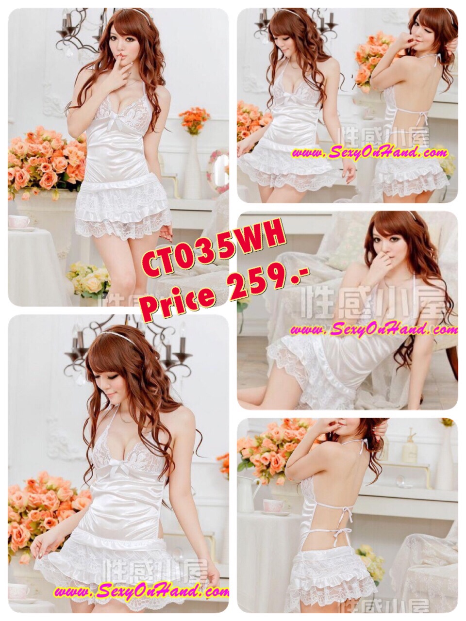 ชุดเซ็กซี่ ชุดกระโปรง เปลือยหลัง แบบผูกคอ ผ้าซาติน สีขาวแต่งลูกไม้ ช่วงอก เล่นระบายชั้นๆ ลูกไม้สลับผ้าซาตินช่วงกระโปรง สวยหวาน แบบเจ้าหญิงด้านหน้า แต่ซ่อนความเปรี้ยวจี๊ดส์ เข็ดฟัน ด้วยแบบเปลือยหลัง +G string เข้าชุดคะ