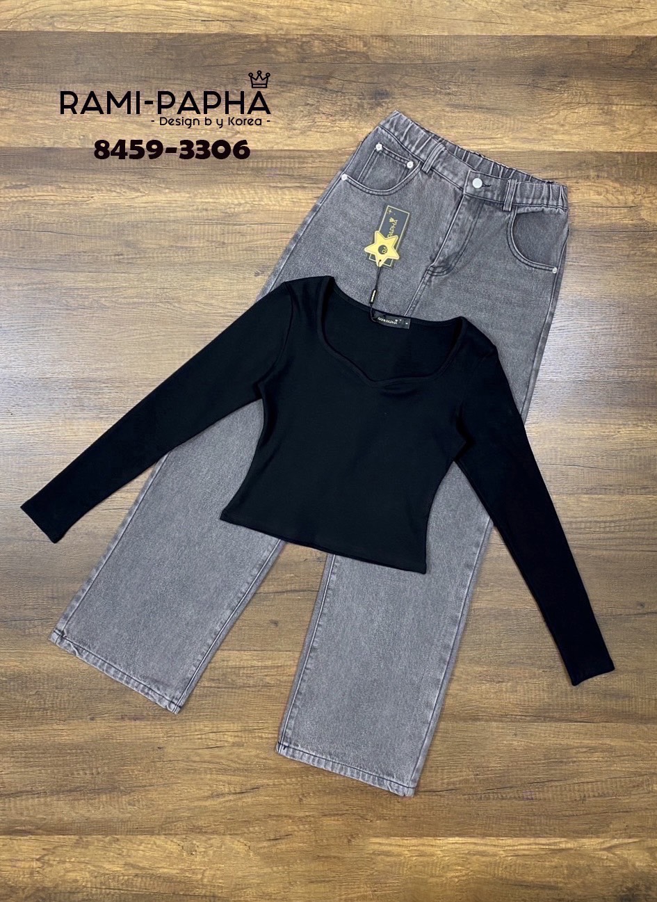 ชุดเซทแฟชั่น เสื้อ+ขายาว+เข็มกลัด Set.3ชิ้น เสื้อแขนยาวสีดำ เนื้อผ้าร่องยืดหยุ่นอย่างดีสวมใส่สบาย