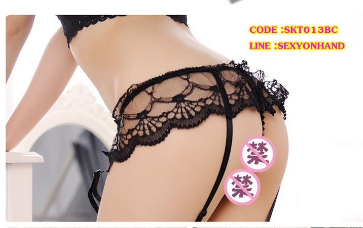 สายรัดถุงน่อง Stocking แต่งระบายลูกไม้ สีดำ พร้อมG-string ในตัว