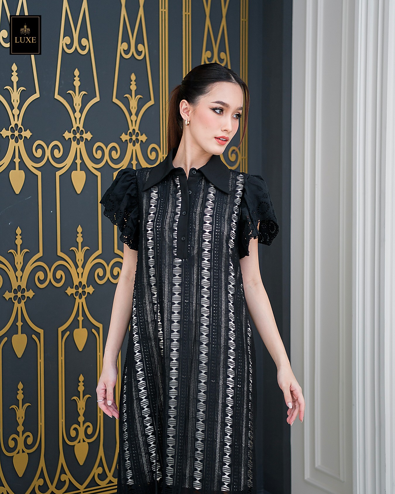 เดรสแฟชั่น เดรสเสื้อคอปกแขนระบาย กระโปรงทรงเอ แพทเทิร์นตัวหลวมใส่สบาย