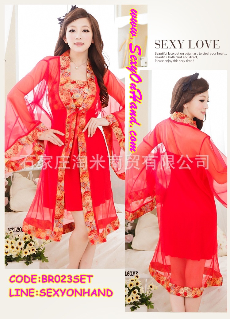 เซ็ทชุดนอน ชุดคลุมนอนเซ็กซี่ เซ็ทชุดนอน สายเดี่ยว ซีทรู สไตล์กี่เพ้าจีน สีแดงสด ตัวใน :เกาะอกซีทรู สีแดงสดแต่งปักลูกไม้จีนช่วงอก