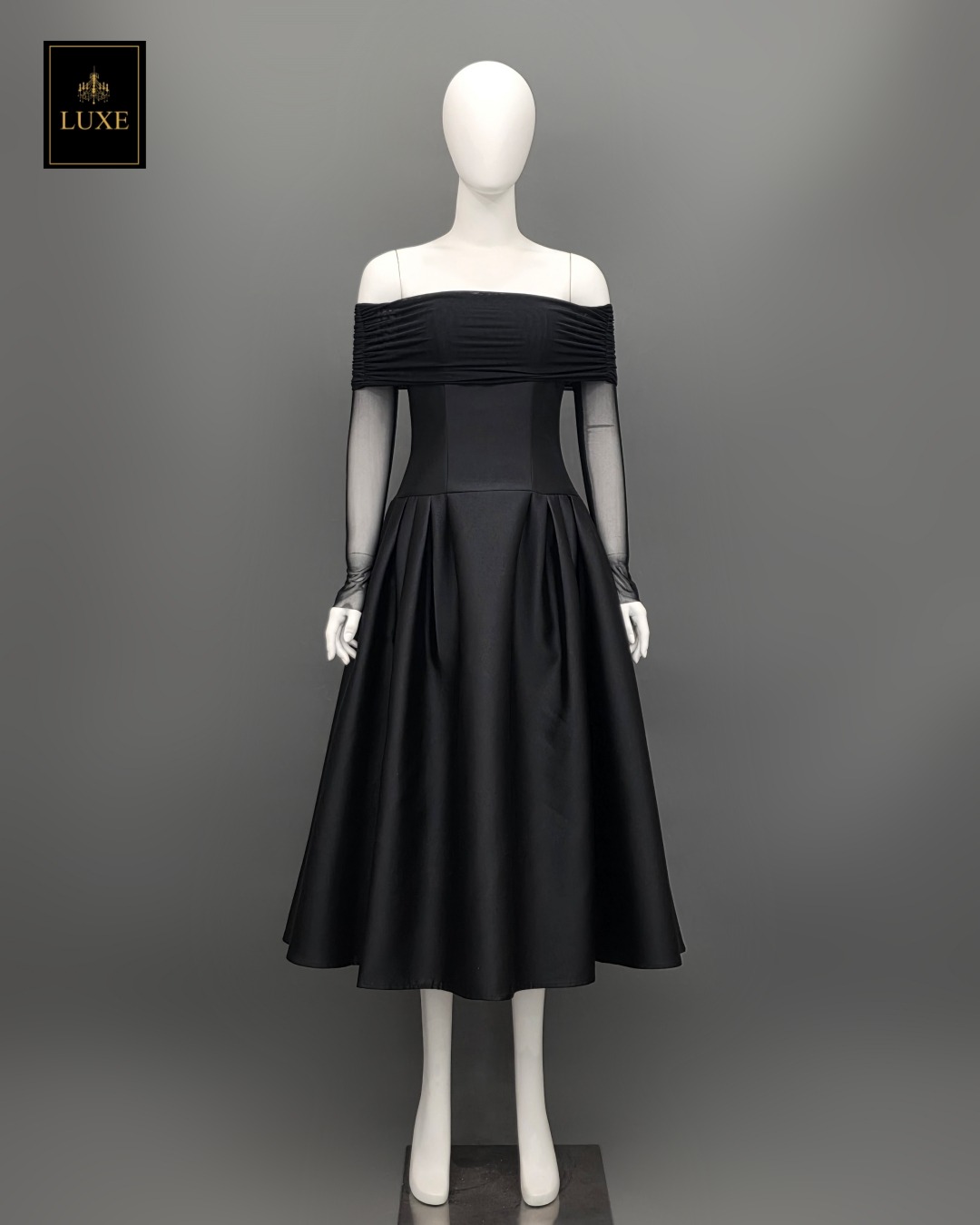 เดรสแฟชั่น เดรสเสื้อแขนยาวเปิดไหล่ กระโปรงยาวคลุมเข่า แขนเสื้อซีทรู