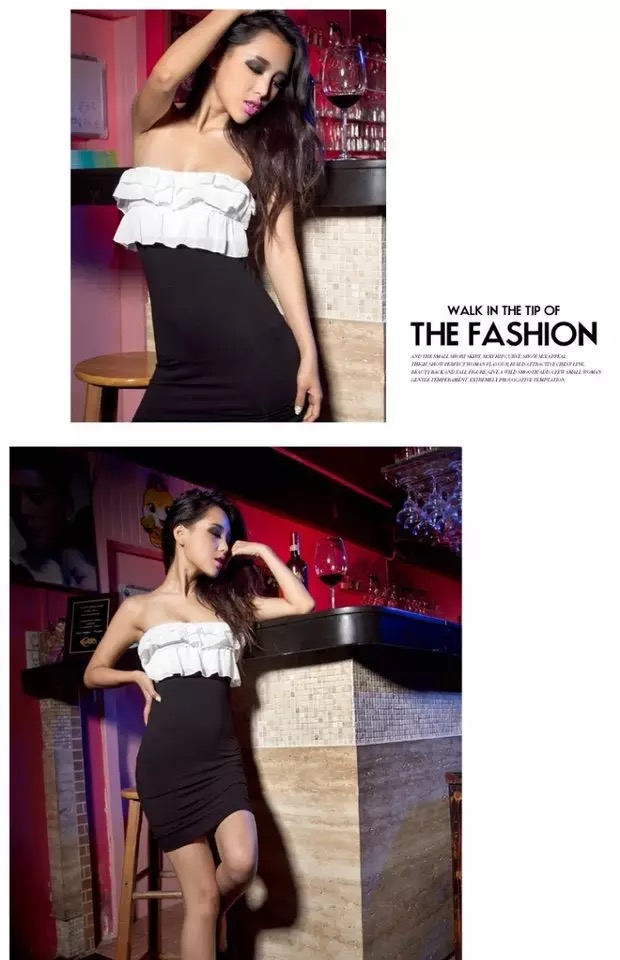 ชุดเดรสสั้น เดรสปาร์ตี้ เดรสออกงาน กลางคืน เดรสเกาะอกสีดำ แต่งระบายชีฟองขาว เนื้อผ้ายืดเข้ารูป สวยเปรี่้ยวมั่กๆคร่า +G-string