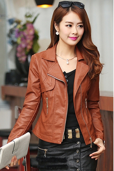 เสื้อผ้าแฟชั่นนำเข้า : เสื้อแจ็คเก็ต เสื้อหนังแฟชั่น พร้อมส่ง สีน้ำตาล คอปก แต่งซิบรูดปลายแขน เข้ารูป สุดเท่ห์ รายละเอียดเพิ่มเติม : หนัง PU คุณภาพดี หนังเนื้อนิ่มหน้าใส่ แต่งผ้าซับใน คัตติ้งดี งานเนี๊ยบ