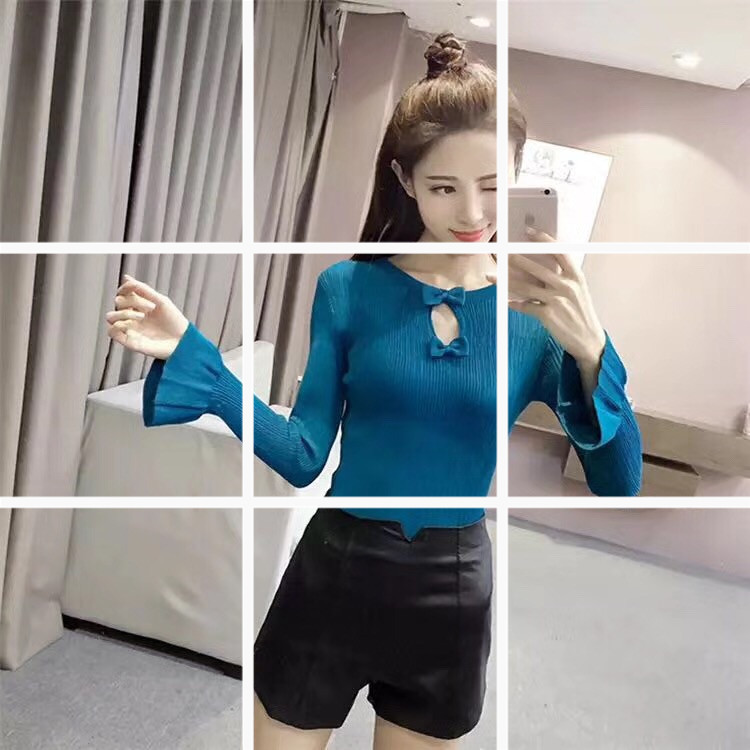 เสื้อแฟชั่นเกาหลี คอแต่งโบว์ ปลายแขนแตร สีตามภาพ