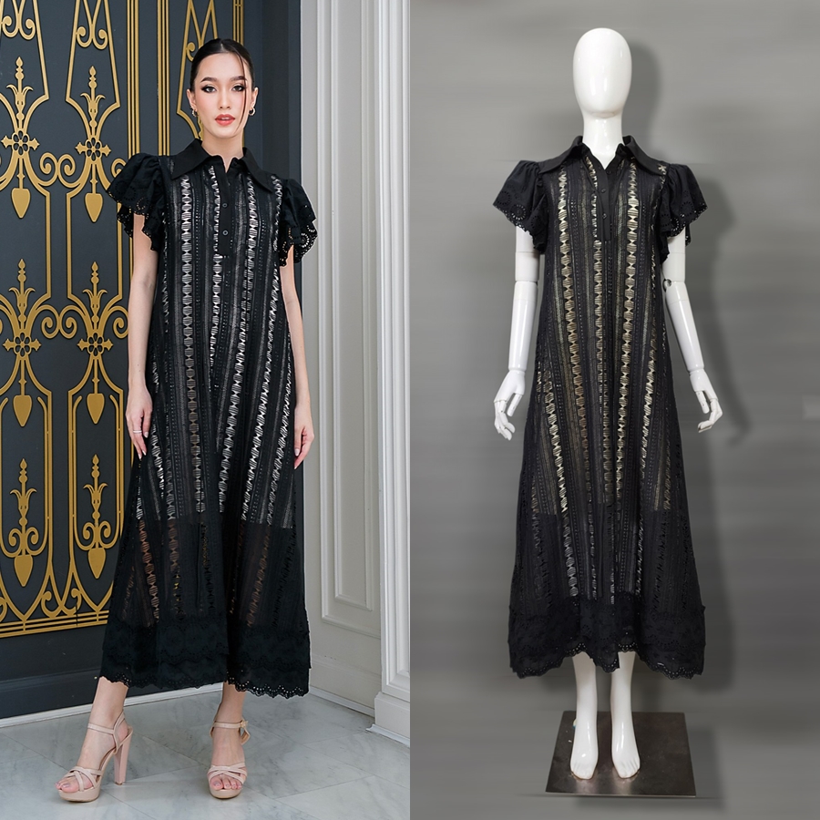 เดรสแฟชั่น เดรสเสื้อคอปกแขนระบาย กระโปรงทรงเอ แพทเทิร์นตัวหลวมใส่สบาย