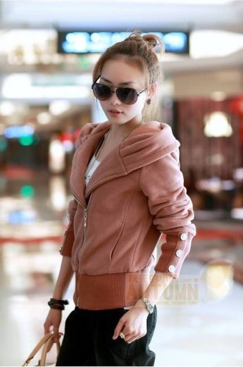 เสื้อกันหนาวแฟชั่นเกาหลี : เสื้อกันหนาว พร้อมส่ง สีชมพู ซิปหน้า แต่งปกแฟชั่นพร้อมฮูท จั๊มปลายแขนและชายเสื้อ