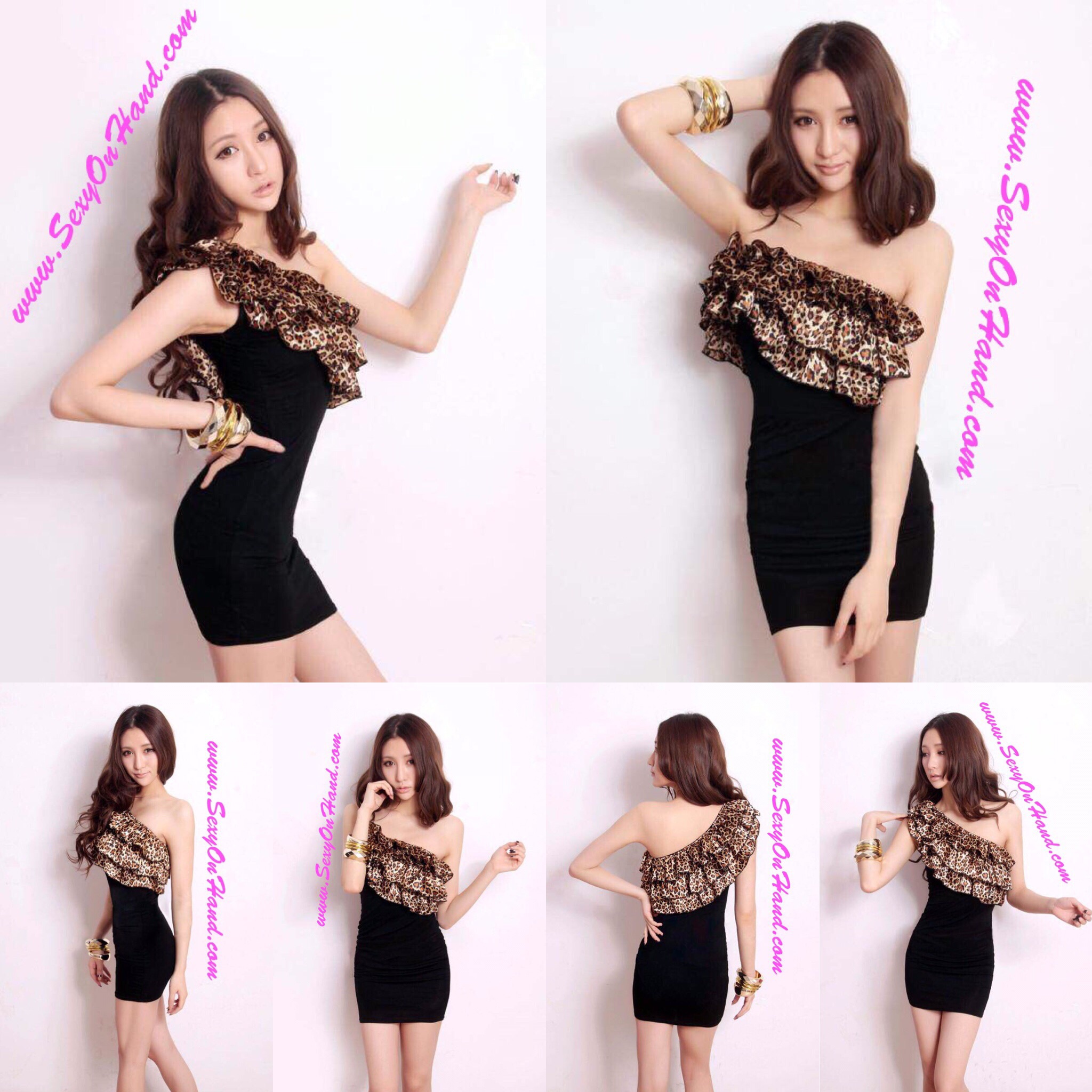ชุดเดรส ปาร์ตี้ ชุดแฟชั่นเดรสสั้น แต่งบ่าเฉียง ลายเสือ เนื้อผ้ายืด ซัพพอร์ต อย่างดี + G-string เข้าชุด