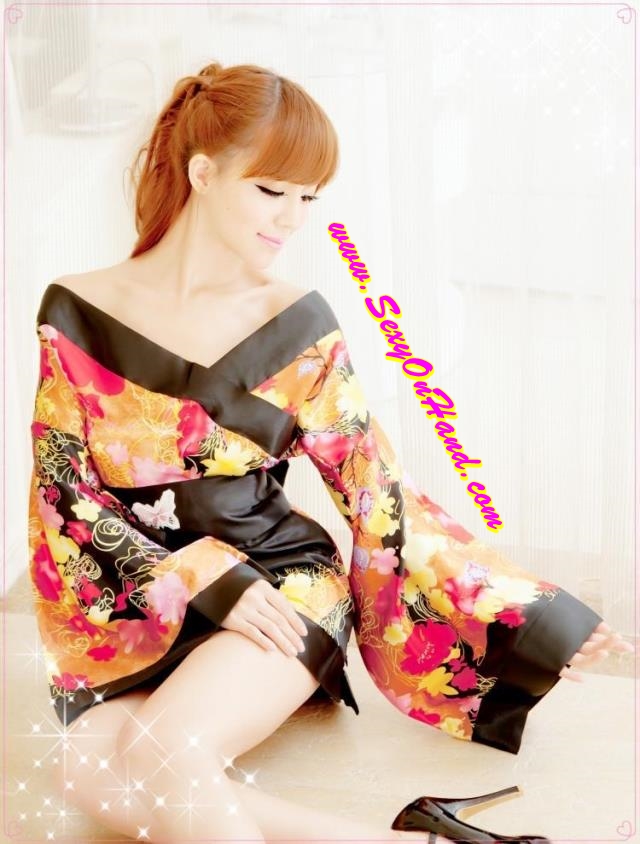 ชุดกิโมโน สไตล์นางรำญี่ปุ่น แนวเกอิชา ปลายแขนบาน สีสด โทนดำ-ส้ม สวยเซ็กซี่ เย้ายวน พร้อมจีสตริงเข้าชุดคะ