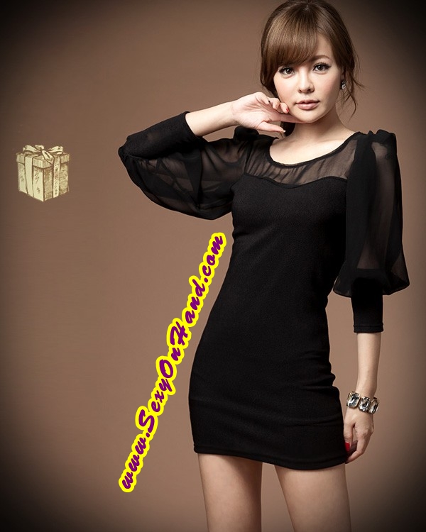 เดรสแฟชั่น ชุดออกงาน ชุดสาวออฟฟิศ เดรสออกงานกลางคืน สีดำ เซ็กซี่ แขนพองแต่งผ้าชีฟอง ปลายจั๊ม ตัวชุดผ้าโทเลย์ เกรด AAA แบบสวยเหมือนในรูปเลยคะ/ ไซส์ M