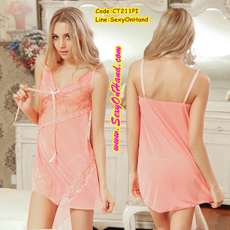 ชุดนอนเซ็กซี่ ซีทรู สายเดี่ยว แต่งลูกไม้ซีทรู สีชมพูอ่อน อมพีช เนื้อผ้าทิ้งตัวสวยหรู เกรดพรีเมี่ยมมากคะ +G-string