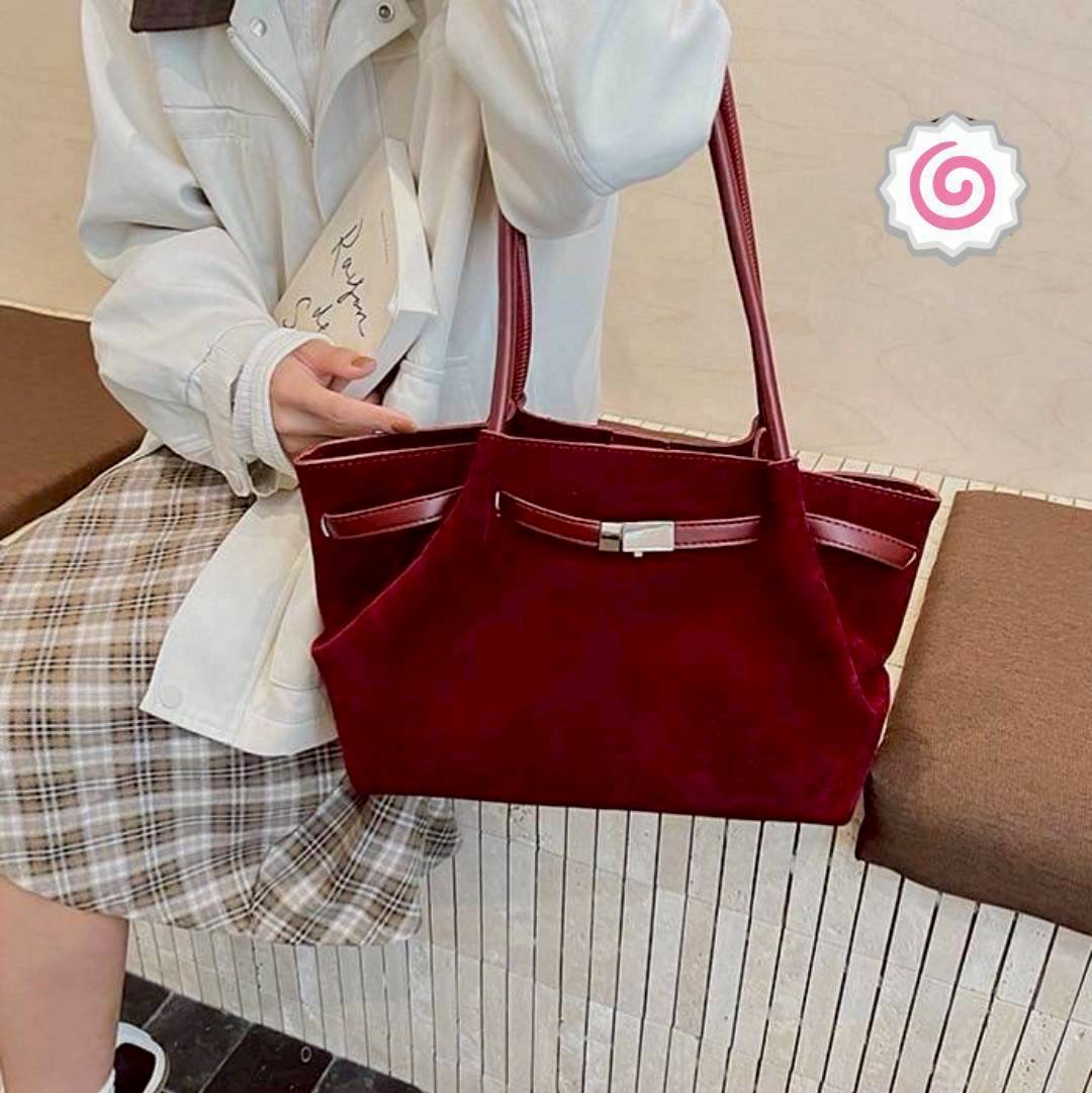 Shopping bag Korea style กระเป๋าสะพายไหล่ ทรง shopping วัสดุเป็นหนังกลับ (Suede PU leather) ด้านในกว้าง ใส่ของได้จุใจ
