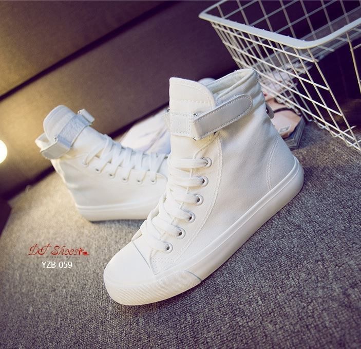 สินค้าพร้อมส่ง รองเท้าผ้าใบหุ้มข้อนำเข้า สไตล์เกาหลี วัสดุผ้าแคนวาส พื้นหนัง PU แถบรัดข้อแบบเมจิกเทป สวมใส่ง่าย คุณภาพดีคุ้มราคาจ้า