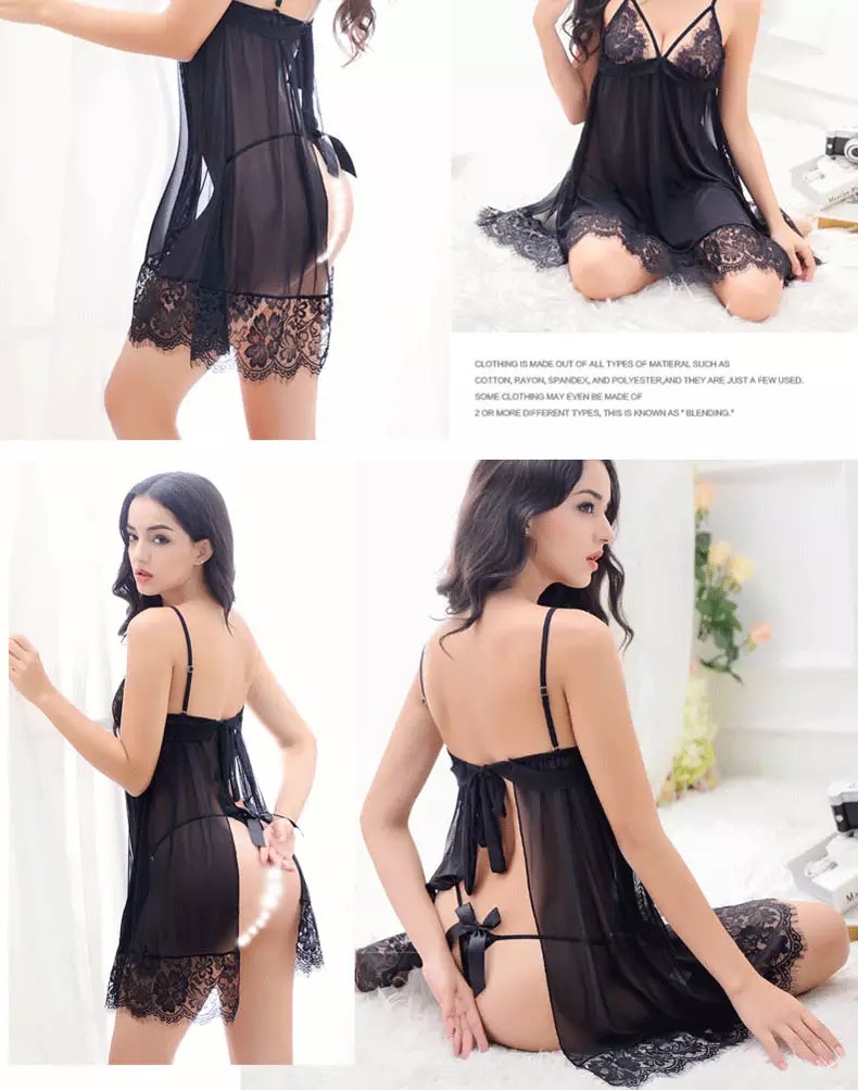 ชุดนอน เดรสซีทรู สีดำ แต่งลูกไม้ซีทรู เนื้อผ้าสวย ทิ้งตัว คุณหนูมากๆคะ