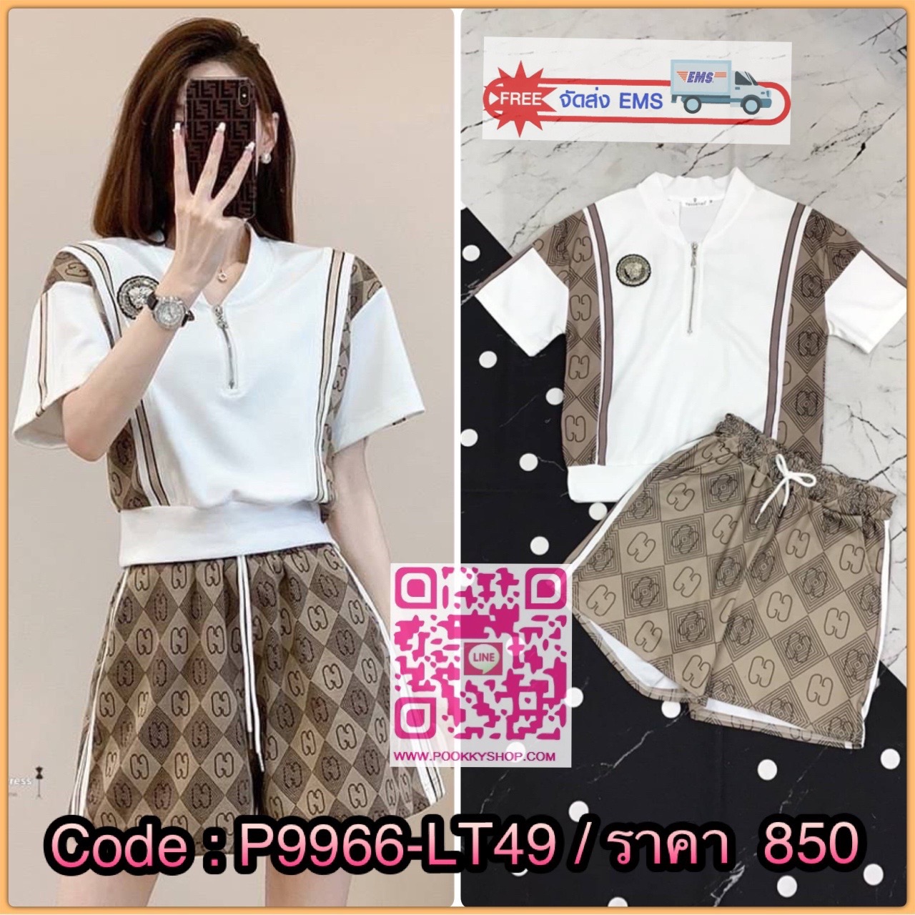 NEW ARRIVAL KOREA DESIGN BY WONDER DRESS สินค้าพร้อมส่ง เซทเสื้อยืดกับกางเกงขาสั้นลวดลายคลาสสิค ดีเทลเสื้อแขนสั้นสีขาวแต่งซิปช่วงหน้าอก จับคู่มากับกางเกงขาสั้นแต่งแทบข้าง งานน่ารักสวมใส่สบายคะ