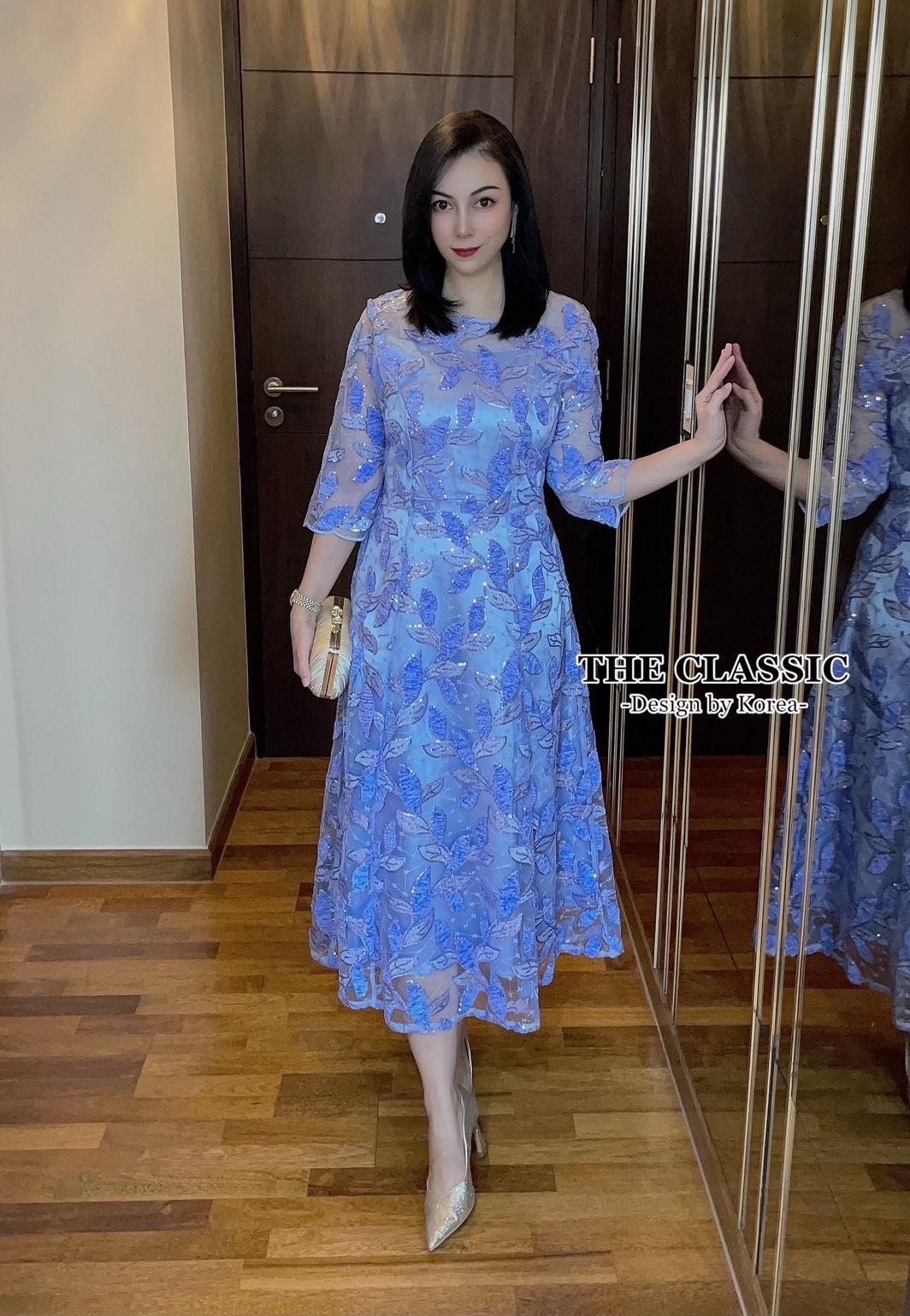 เดรสแฟชั่น เดรสยาวออกงานปักเลื่อม ใช้ผ้าเนื้อดีปักลวดลายใบไม้