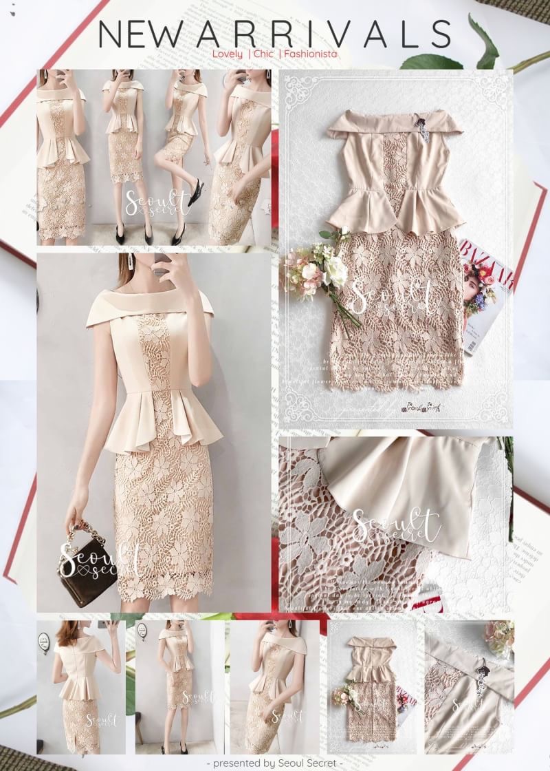 By SEOUL SECRET Seoul Secret Say'...Minidress Lace Design expensive Cream coler Material : งานมินิเดรสสวยหรูดูไฮคลาสมากคะ ดีไซน์มีระดับด้วยลูกเล่นเป็นเดรสทรงเปิดไหล่ งาน Cuttingเป็นผ้าเย็บซ้อนพับลงมาช่วงอกนะคะ ทรงแขนกุด เนื้อผ้าด้านนอกเป็นผ้าเรียบๆไม