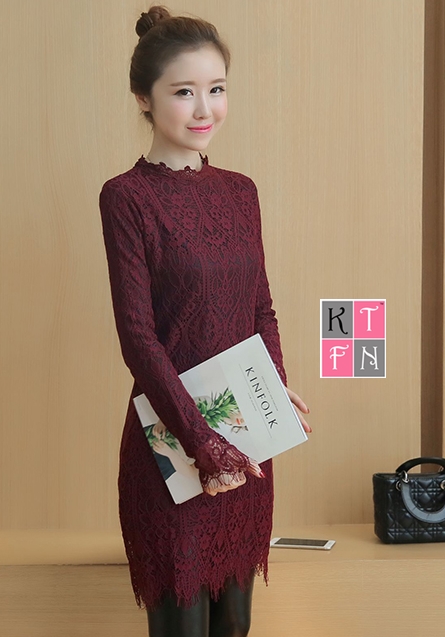 KTFN เดรสแฟชั่นเกาหลี ผ้าลุกไม้ แขนยาว คอปิด ซิปด้านหลัง สีไวน์แดง