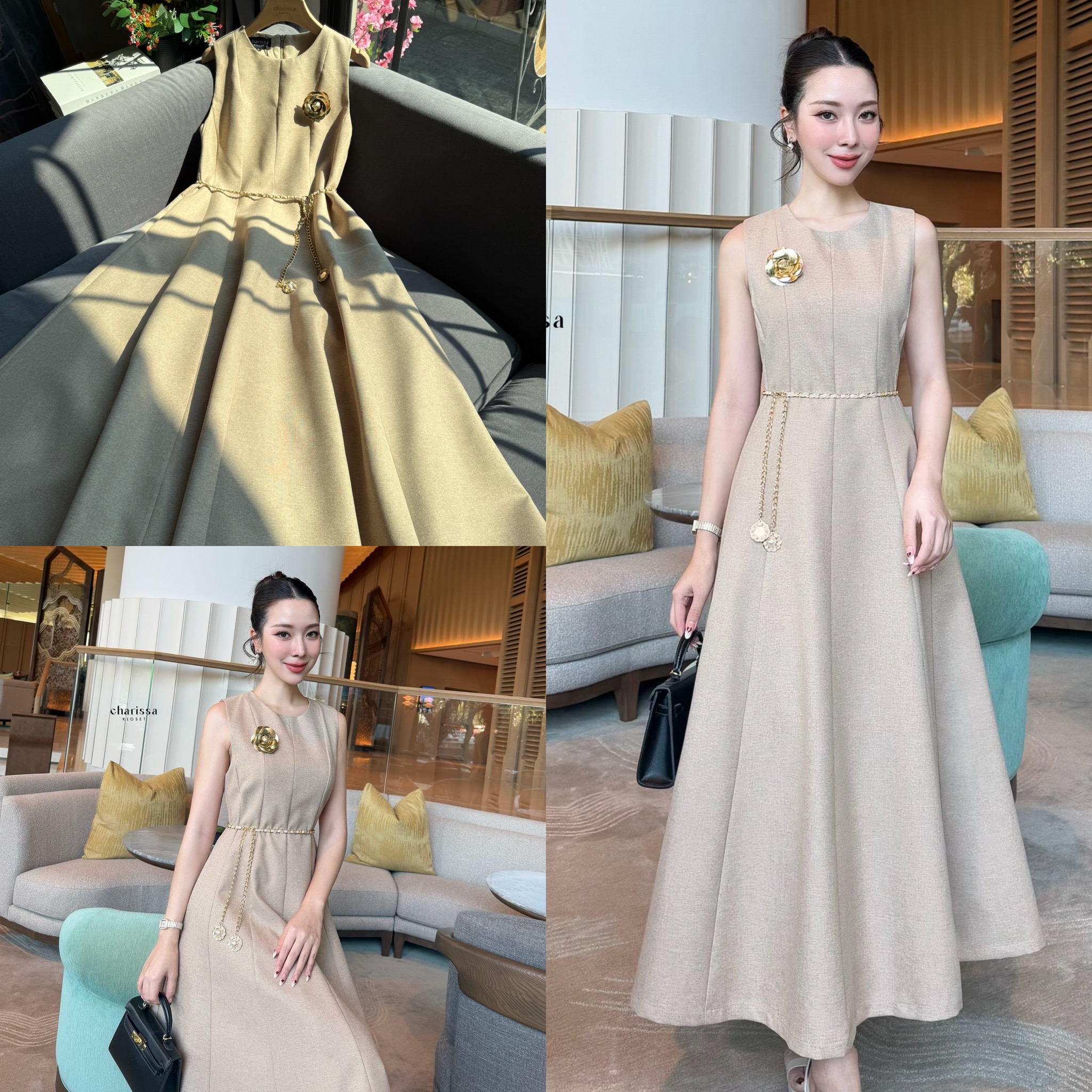 เดรสแฟชั่น แม็กซี่เดรสมาพร้อมเข็มขัดโซ่และดอกไม้