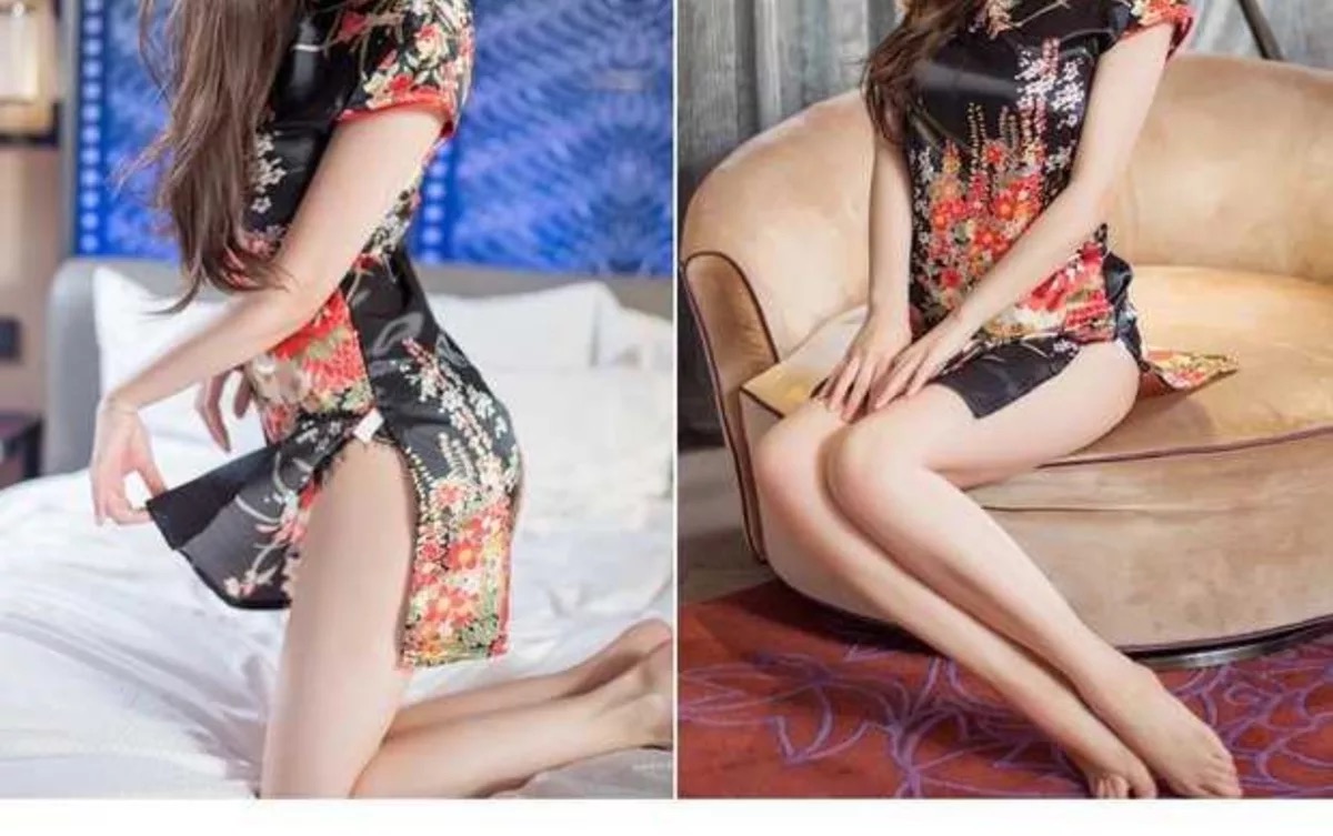 ชุดกี่เพ้าประยุกต์ ชุดกี่เพ้า สาวหมวยอินเตอร์ สีดำ ลายดอกไม้ แต่งแหวกข้าง