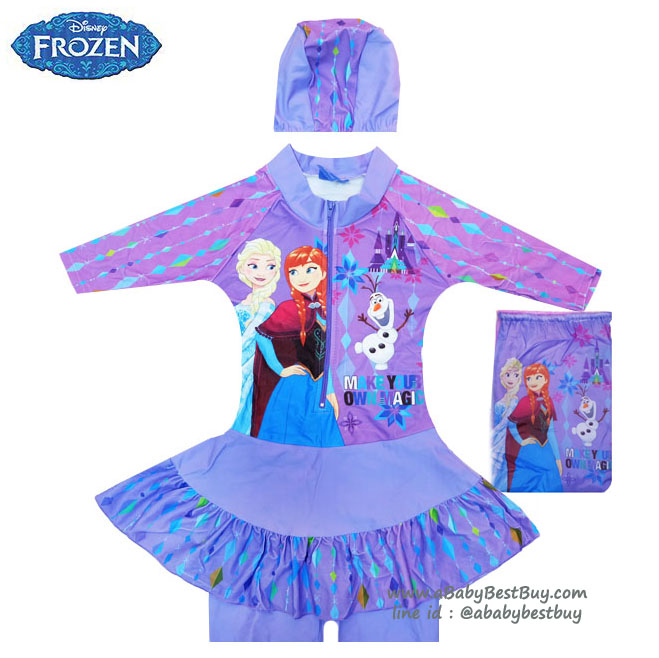 ฮ(สำหรับเด็กอายุ 6เดือน-14 ปี) Swimsuit for Girls ชุดว่ายน้ำ เด็กผู้หญิง Disney Frozen บอดี้สูทเสื้อแขนยาว กระโปรงกางเกง สีม่วง มาพร้อมหมวกว่ายน้ำและถุงผ้า สุดน่ารัก ใส่สบาย ดิสนีย์แท้ ลิขสิทธิ์แท้