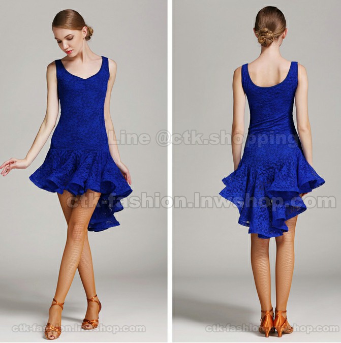 ชุดลีลาศสั้น ลูกไม้สีน้ำเงิน หางปลา