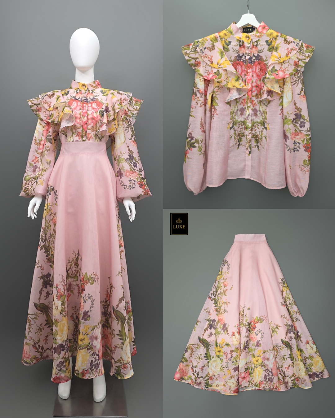 ชุดเซทแฟชั่น เซ็ตเสื้อคอกลมแขนยาว+กระโปรงยาว แต่งระบายตัวเสื้อหน้าและหลัง