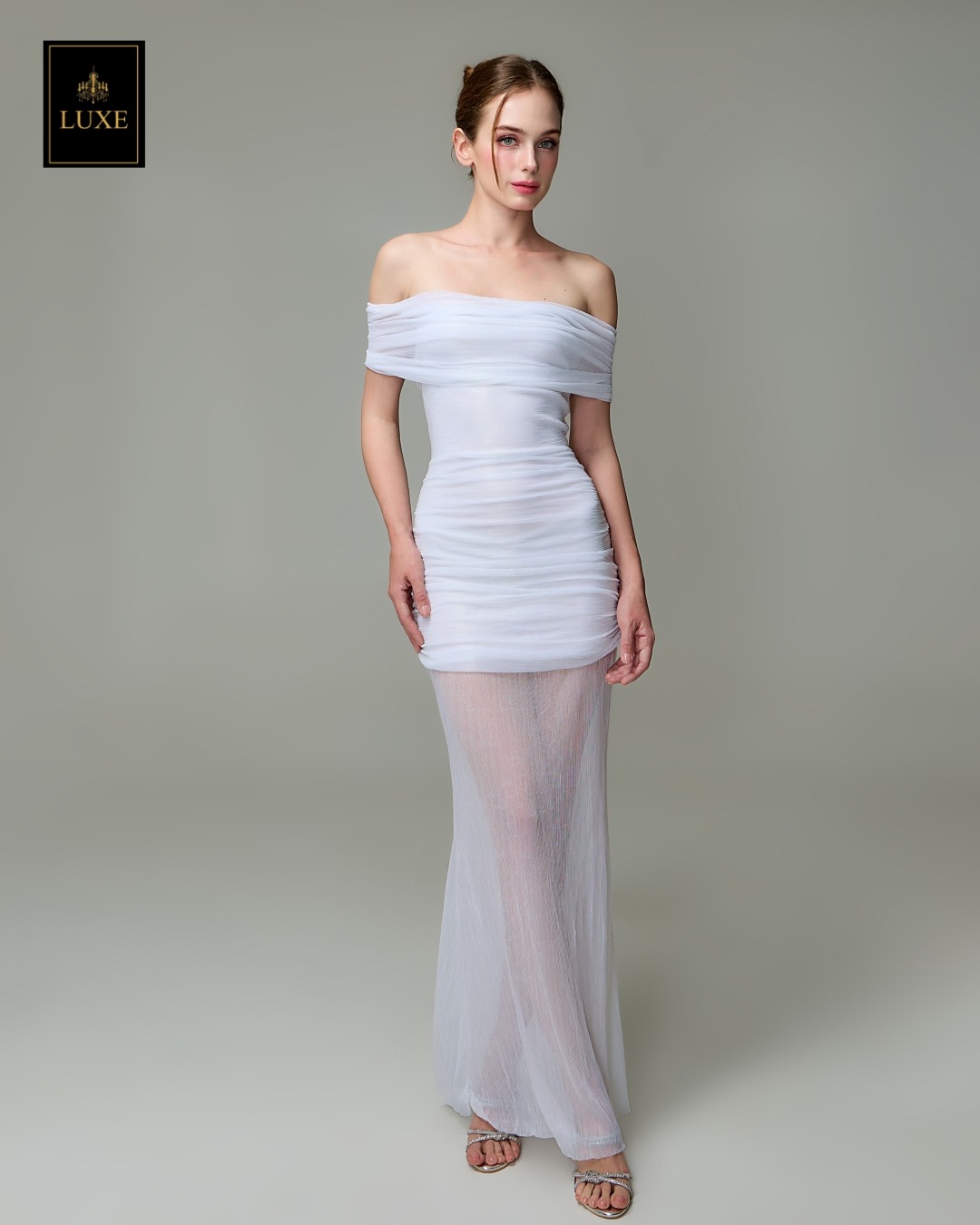 เดรสแฟชั่น แม็กซี่เดรสเปิดไหล่ กระโปรงยาว