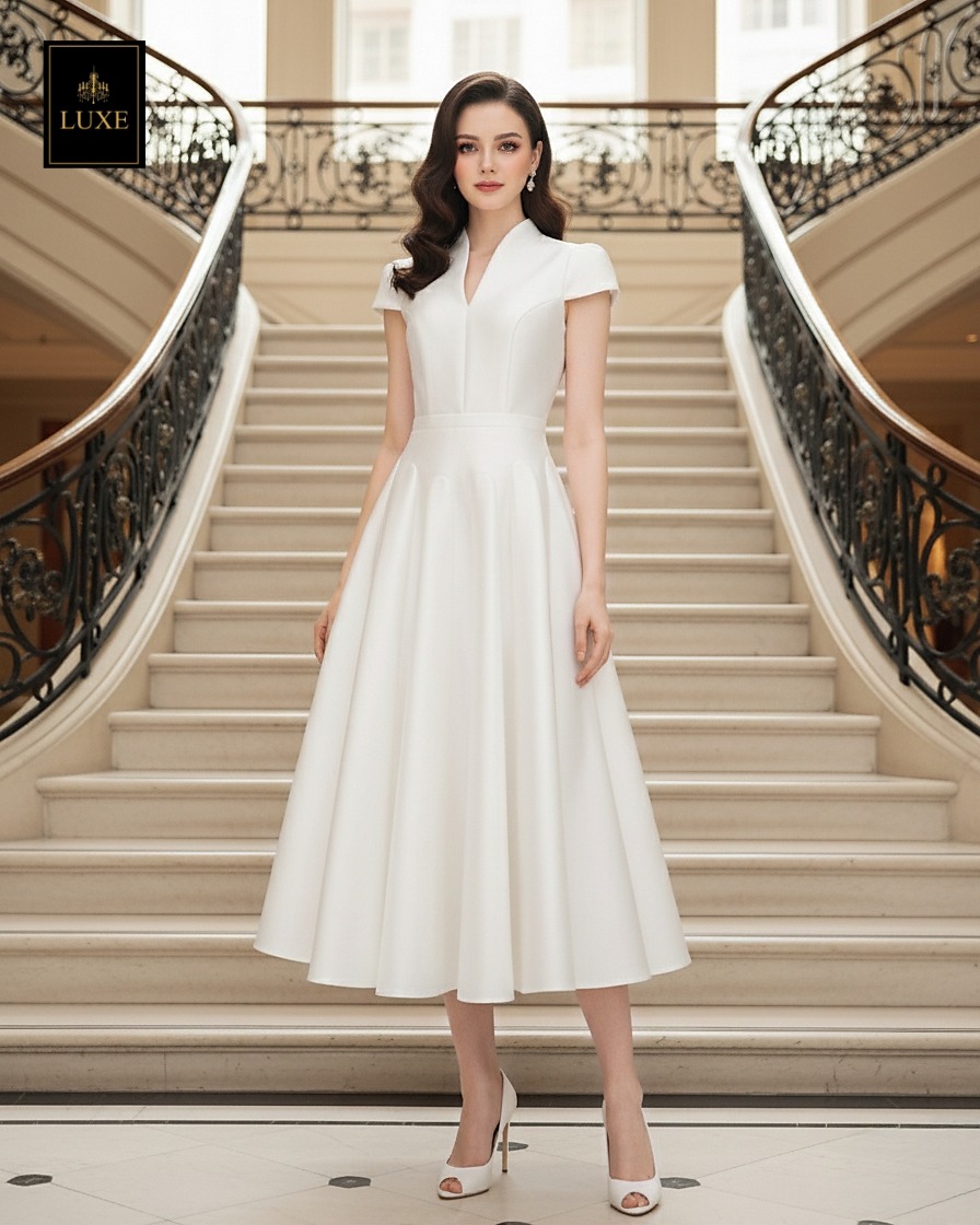 เดรสแฟชั่น เดรสเสื้อคอตั้ง แขนสั้น กระโปรงบาน