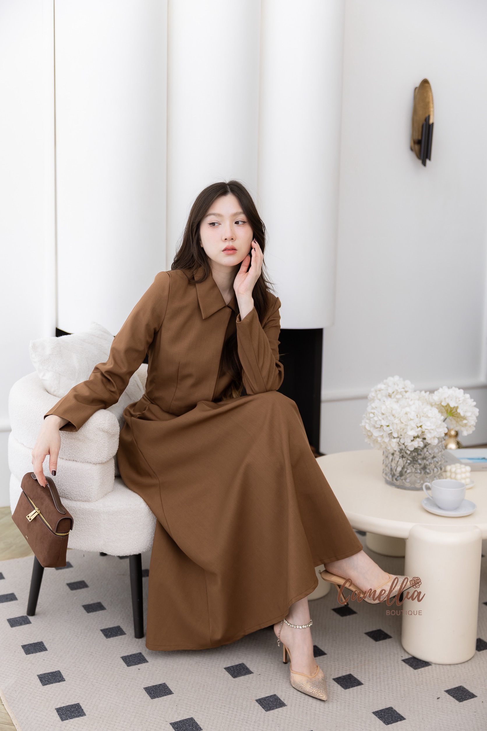 ชุดเซทแฟชั่น ชุดSet เสื้อเชิ๊ตแขนยาวกระดุมซ่อน + กระโปรงเอวสูงจับจีบด้านหน้า