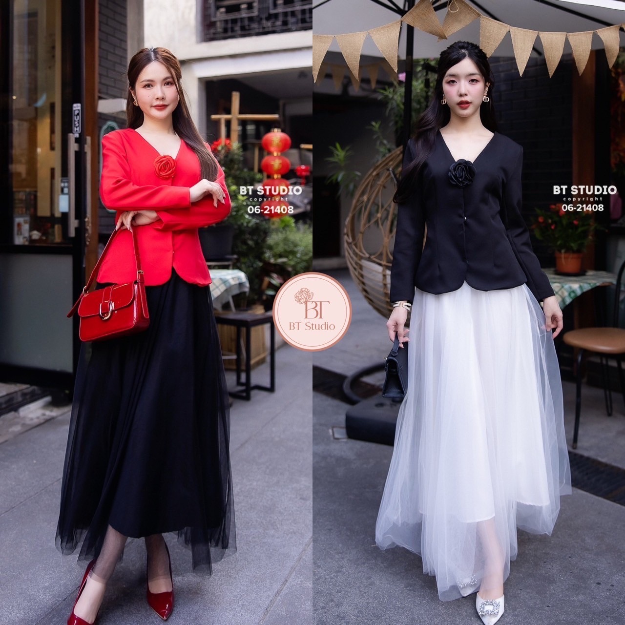 ชุดเซทแฟชั่น เซท 3 ชิ้น เสื้อเบเซอร์แขนยาวแต่งติดแป๊กด้านหน้า มาพร้อมเข็มกลัดโบ แมทซ์กับกระโปรงเอวสูง
