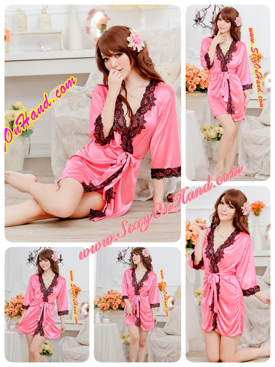 เสื้อคลุม เซ็กซี่ ชุดคลุม อาบน้ำ ชุดคลุม กิโมโน ผ้าไหมเทียม สีชมพูดอกกุหลาบ Rosy Pink สีออกใหม่ สวยหวาน น่ากิน เนื้อผ้านิ่ม ลื่น ใส่สบายมาก พร้อมสายผูก + กางเกงใน G-string เข้าชุด