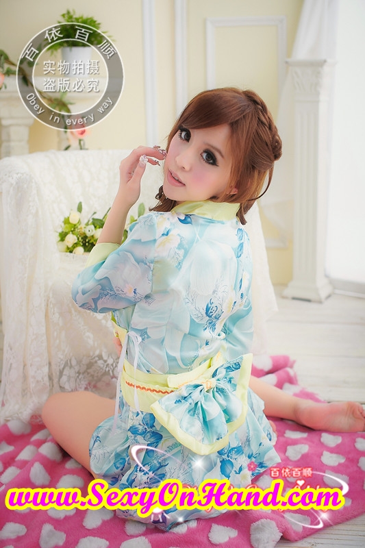 ชุดคอสเพลย์ แฟนซี ญี่ปุ่น กิโมโนสั้น ประยุกต์ ชุดคลุมเซ็กซี่ ลายดอก สีเขียวอมฟ้า แต่งสายคาด และขลิบขอบเหลือง กระโปรงจีบรอบ สวยหวาน น่ารัก แบบคุณหนูโนเน๊ะ +G stringเข้าชุดคะ