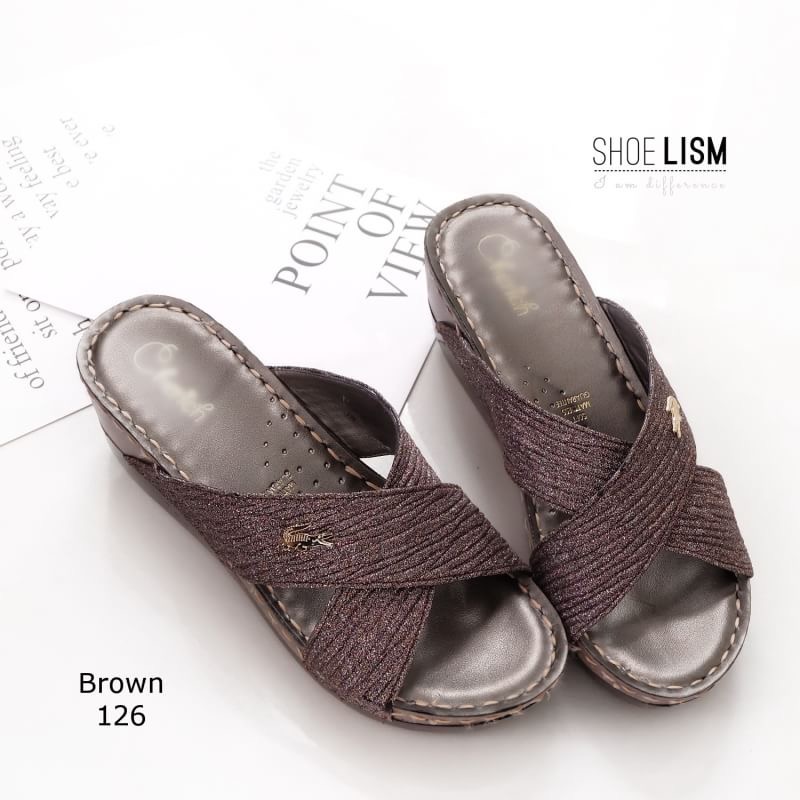 พร้อมส่ง รองเท้าส้นเตารีดหน้าไขว้ สไตล์ลำลองแบบสวมหนังกลิตเตอร์ นิ่มแบบสวมไขว้