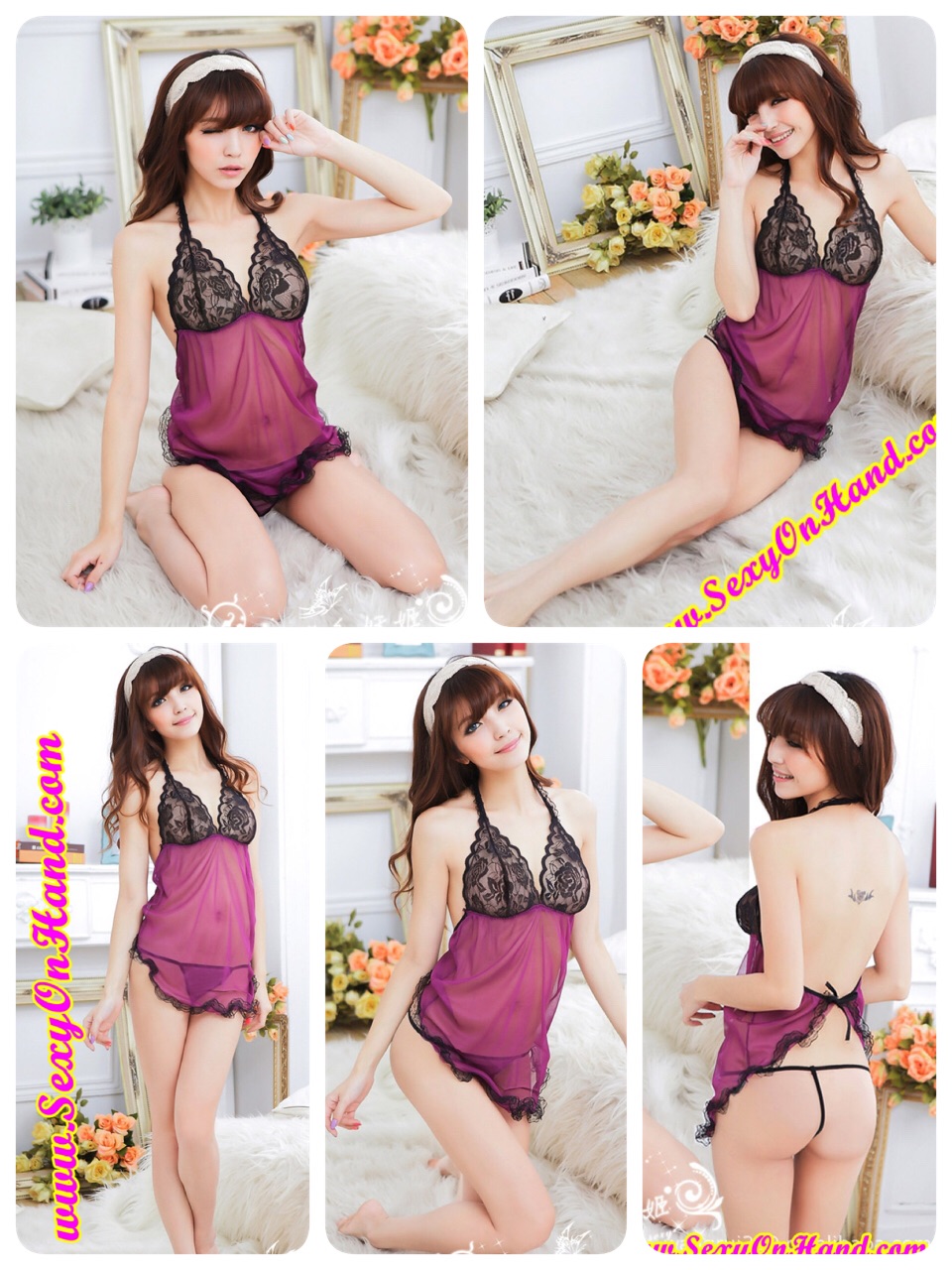 ชุดนอนเซ็กซี่ ชุดนอนซีทรู ชุดนอน คล้องคอ ซีทรู สีม่วง แต่งลูกไม้สีดำ ช่วงอก และชายกระโปรง แบบผูกหลัง โชว์ความเซ็กซี่ ยั่วยวนสุดๆคะ +จีสตริงเข้าชุดจ้าา