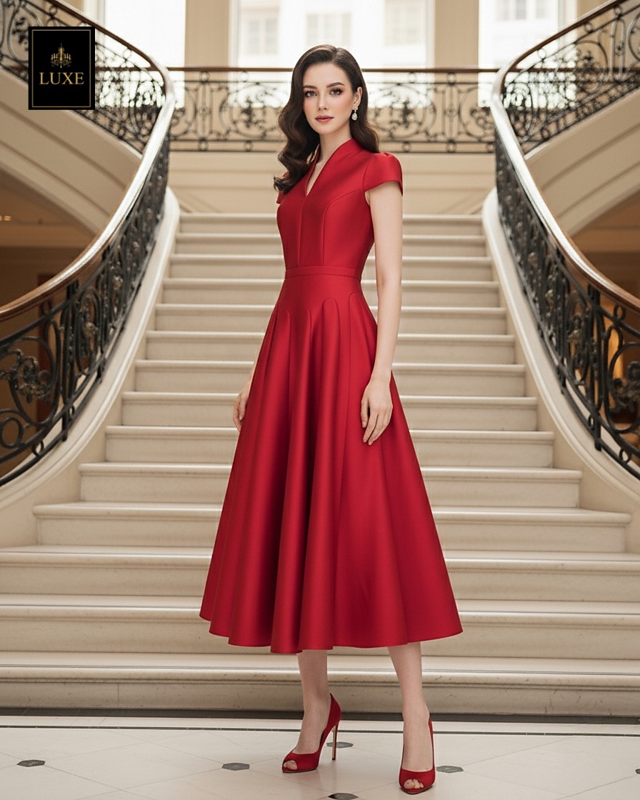 เดรสแฟชั่น เดรสเสื้อคอตั้ง แขนสั้น กระโปรงบาน