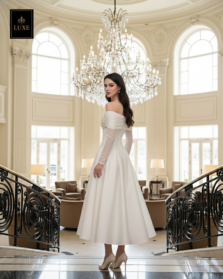 เดรสแฟชั่น เดรสเสื้อแขนยาวเปิดไหล่ กระโปรงยาวคลุมเข่า แขนเสื้อซีทรู