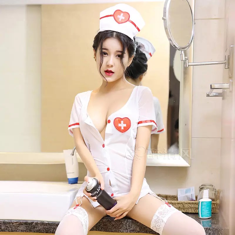 ชุดนางพยาบาลสาวเซ็กซี่ ชุดคอสเพลย์ พยาบาลสาวแสนสวย+หมวกนางพยาบาล+สายรัดถุงน่อง +ถุงน่องตาข่ายขาว ขอบลูกไม้เข้าชุด