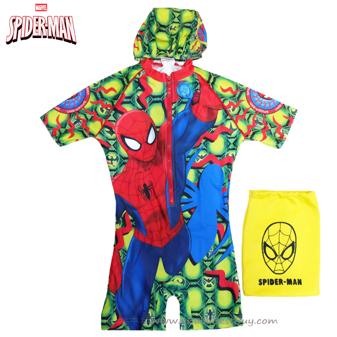 Size XS - ชุดว่ายน้ำเด็กผู้ชาย Spiderman สีเขียว บอดี้สูทเสื้อแขนสั้นกางเกงขาสั้น สกรีนลาย Spiderman มาพร้อมหมวกว่ายน้ำ สุดเท่ห์ ใส่สบาย ลิขสิทธิ์แท้ (สำหรับเด็กอายุ 6เดือน-2 ปี)