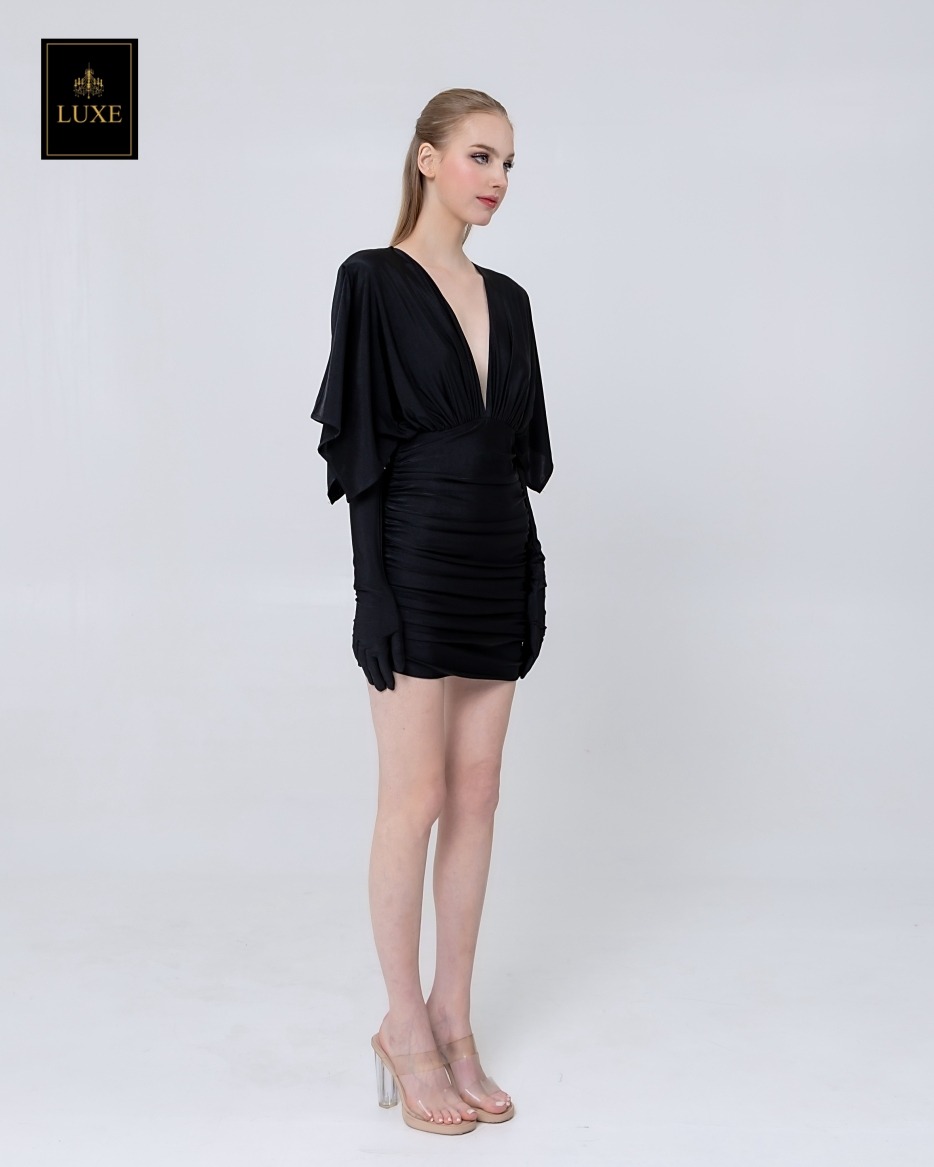 เดรสแฟชั่น เดรสกระโปรงเข้ารูป เสื้อคอวีแขนในตัว มาพร้อมถุงมือยาว