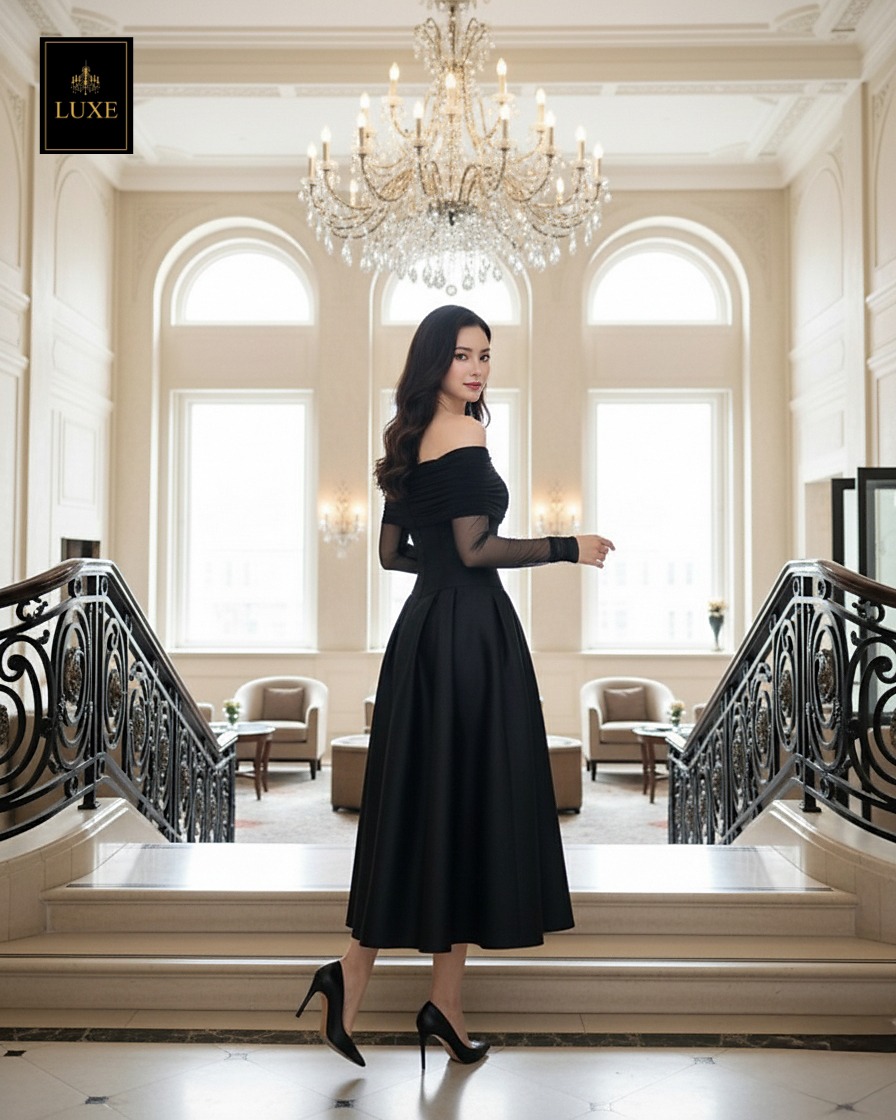 เดรสแฟชั่น เดรสเสื้อแขนยาวเปิดไหล่ กระโปรงยาวคลุมเข่า แขนเสื้อซีทรู