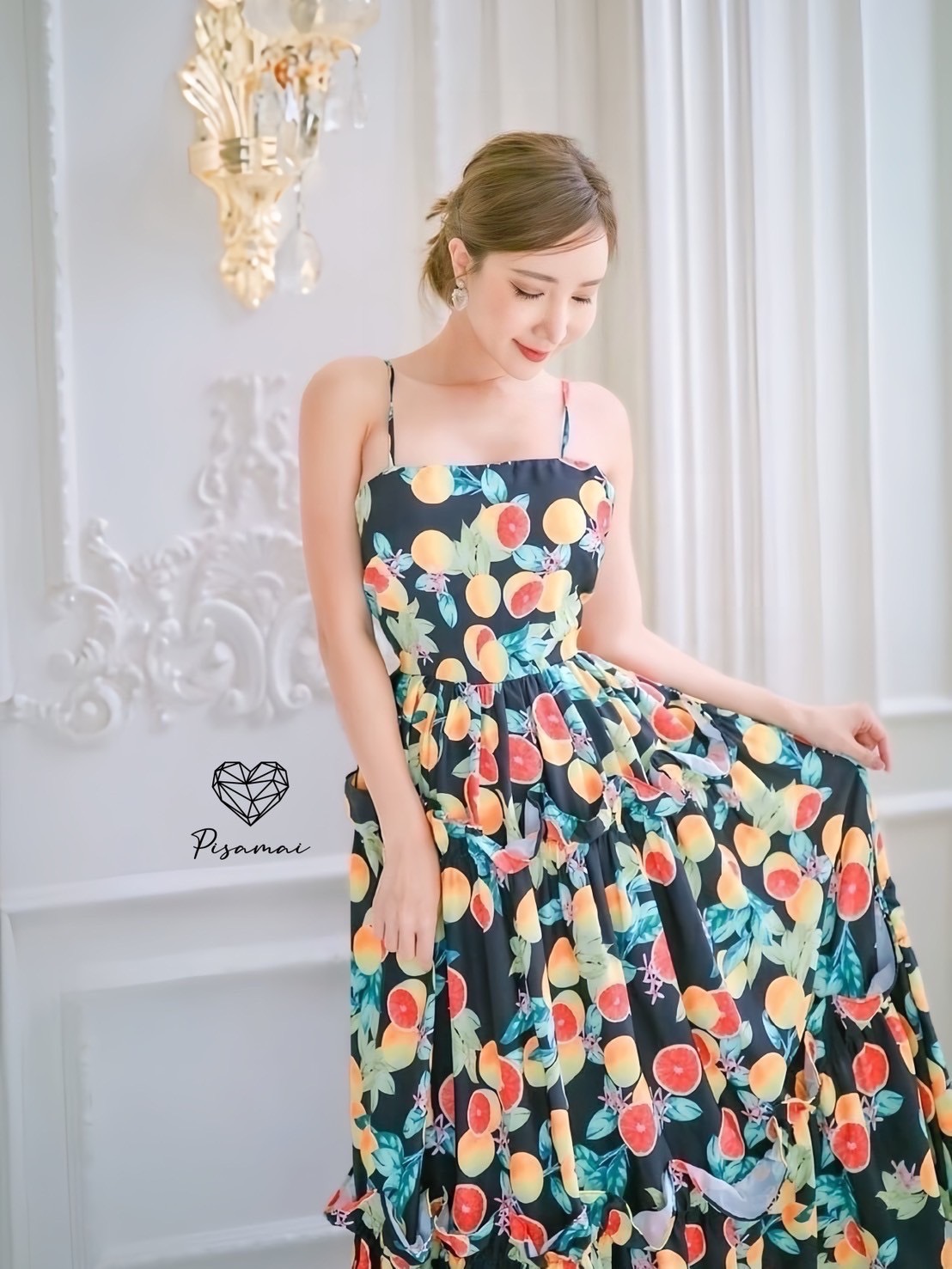 เดรสสายเดี่ยวตัวยาวลายส้มสีสันสดใส เหมาะกับsummerนี้