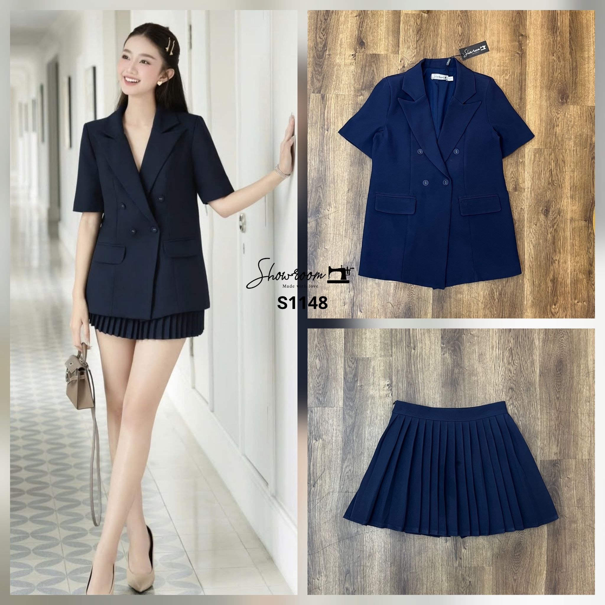 ชุดเซทแฟชั่น เซ็ตเบรเซอร์แขนสั้นทรง oversize มาพร้อมกระโปรงพลีทสั้น