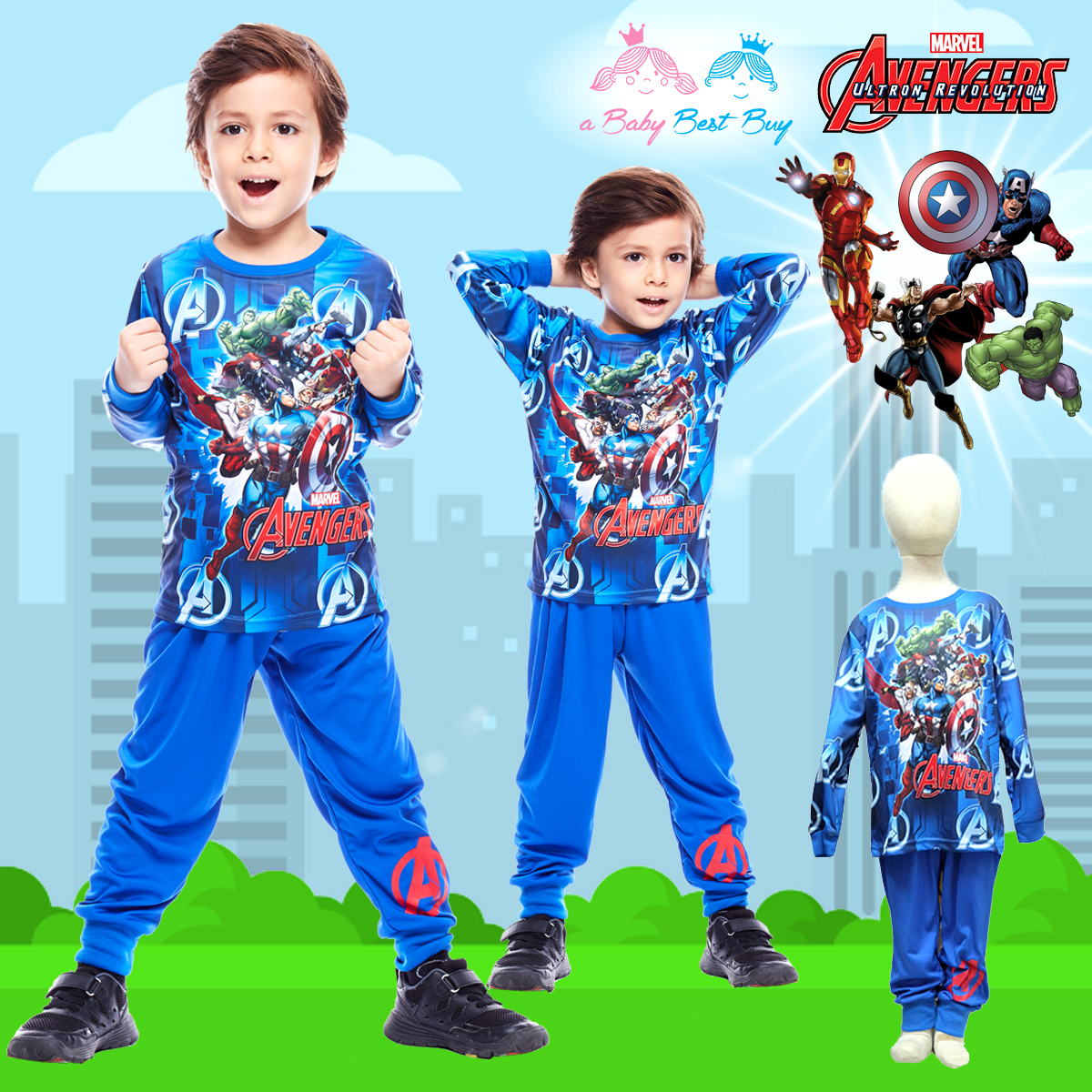 ฮ ( 4-6-8 ปี ) เสื้อแขนยาวสีน้ำเงิน สกรีนลาย The Avengers กางเกงขายาวสีน้ำเงินสุดเท่ห์ ลิขสิทธิ์แท้