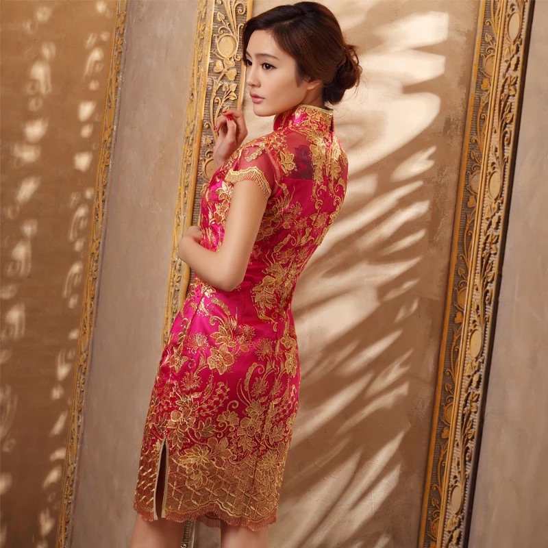 ชุดกี่เพ้า ประยุกต์ ชุดเดรส กี่เพ้าจีนประยุกต์สีชมพูสด แต่งเลื่อมปักดิ้นทอง แพทเทินสวย งานเนี๊ยบหรู มากคะ Size S/M