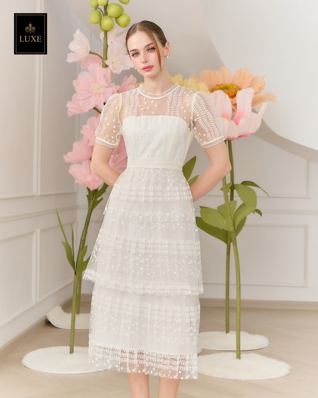 เดรสแฟชั่น เดรสเสื้อคอกลมแขนสั้น กระโปรงอัดพลีท3ชั้น