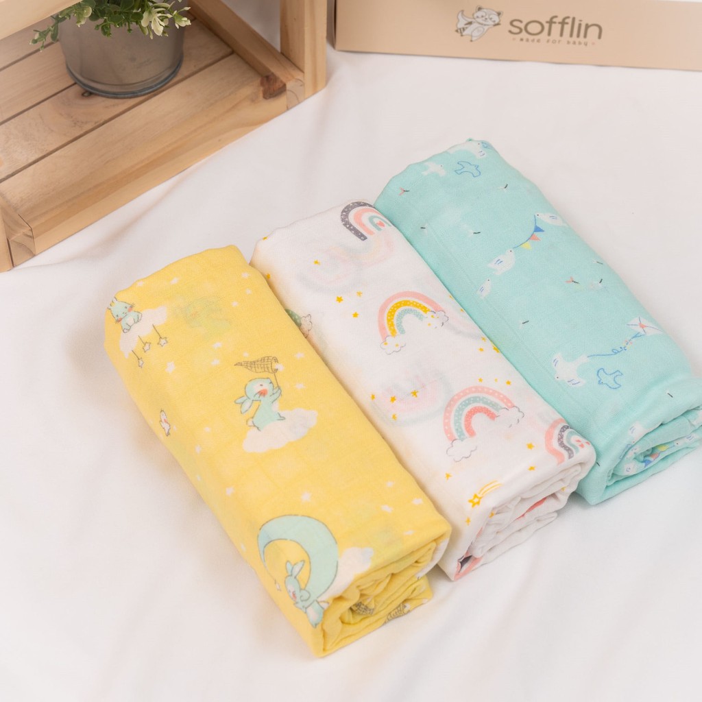 Sofflin ผ้าอ้อมใยไผ่ ผ้าอ้อมมัสลิน ผ้าห่อตัวเด็ก เนื้อนุ่ม ขนาด 120x120cm (47 นิ้ว) ผืนใหญ่พิเศษ