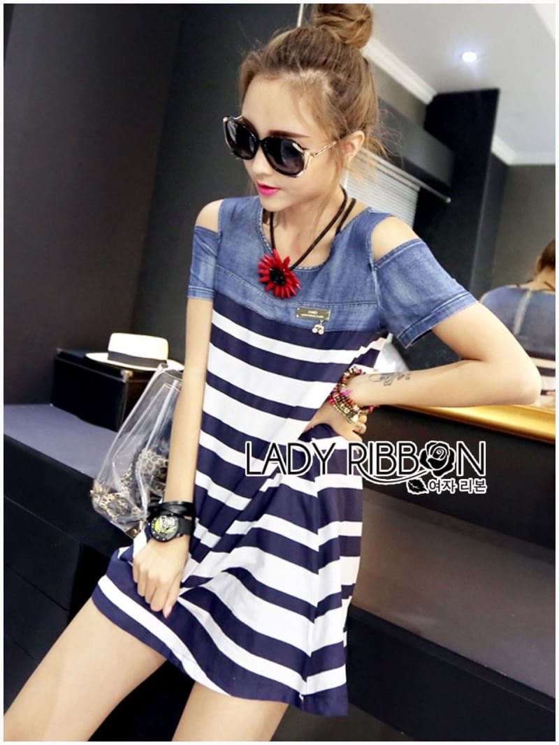 Lady Ribbon's Made Lady Rita Casual Style Cut-Out Denim เดรสผ้าเดนิมตัดต่อผ้าคอตตอนลายขวางสุดเก๋