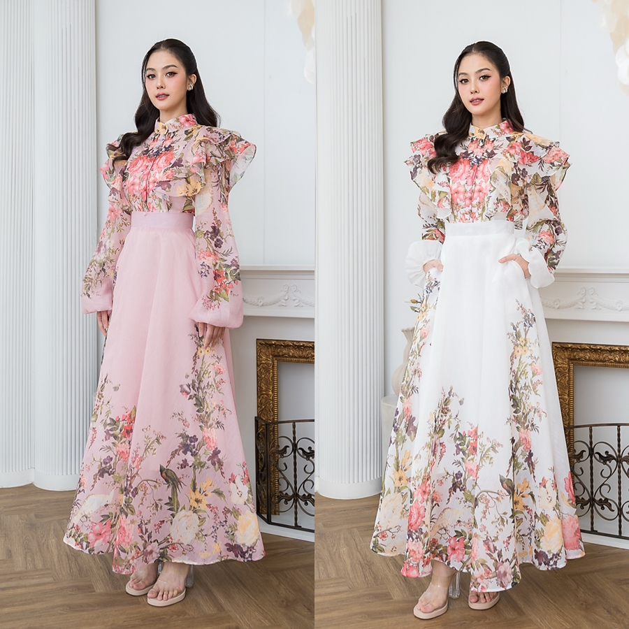 ชุดเซทแฟชั่น เซ็ตเสื้อคอกลมแขนยาว+กระโปรงยาว แต่งระบายตัวเสื้อหน้าและหลัง