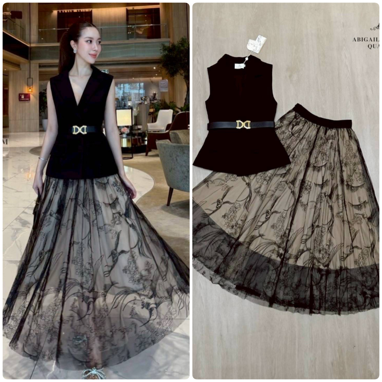 เสื้อแขนกุดเบลเซอร์สีดำ ดีไซน์คอวีลึก เพิ่มความเรียบหรูพร้อมกระดุมด้านหน้าและกระเป๋าดีไซน์เรียบเท่ ดึงความสนใจด้วยเข็มขัดหนังหัวสีทองที่ช่วยเน้นทรวดทรงและเพิ่มความพรีเมียม กระโปรงยาวทรงเอ ผ้าซีทรูสองชั้น ด้านในเป็นผ้าสีเบจเรียบ ส่วนด้านนอกเป็นผ้าทูลล์สีดำ